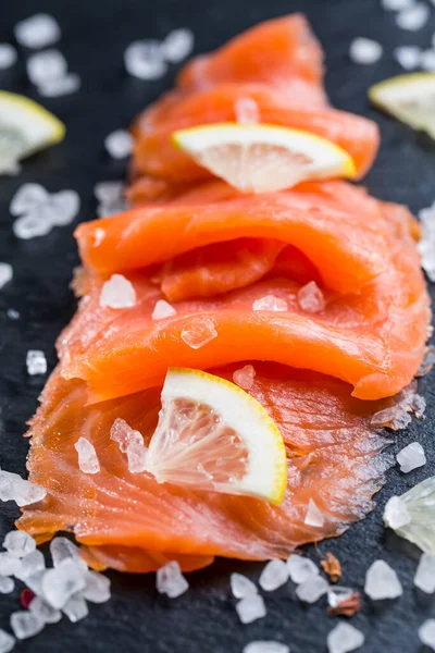 Smoked Salmon Lemon Sea Salt Black Background Healthy Food Concept — Stock Photo, Image