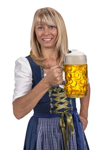 Vrouw Beierse Kostuum Dirndl Een Mok Van Bier Houden Oktoberfest — Stockfoto