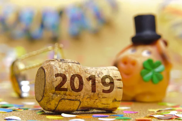 Cork of champagne with new year`s date 2019 and lucky charm — Stock Photo, Image