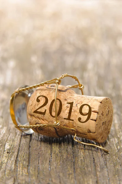 Cork stopper of champagne with new year`s date 2019 and copy space — Stock Photo, Image