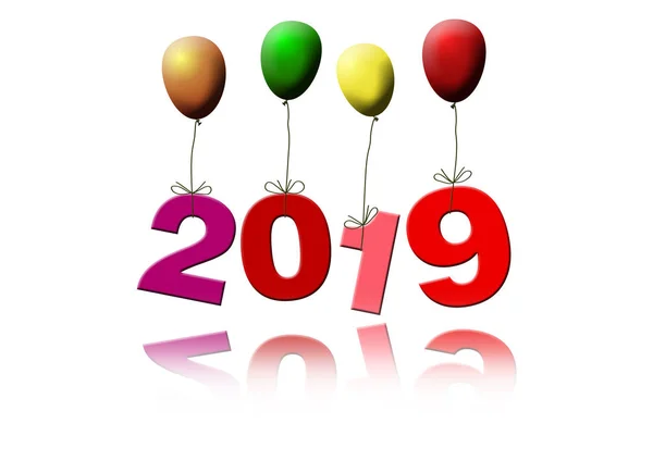 Data nowy rok 2019 latanie z kolorowych balonów — Zdjęcie stockowe