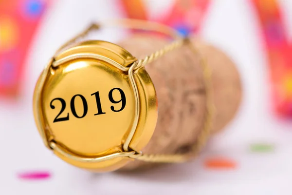 Cork stopper of champagne with new year`s date 2019 and copy space — Stock Photo, Image