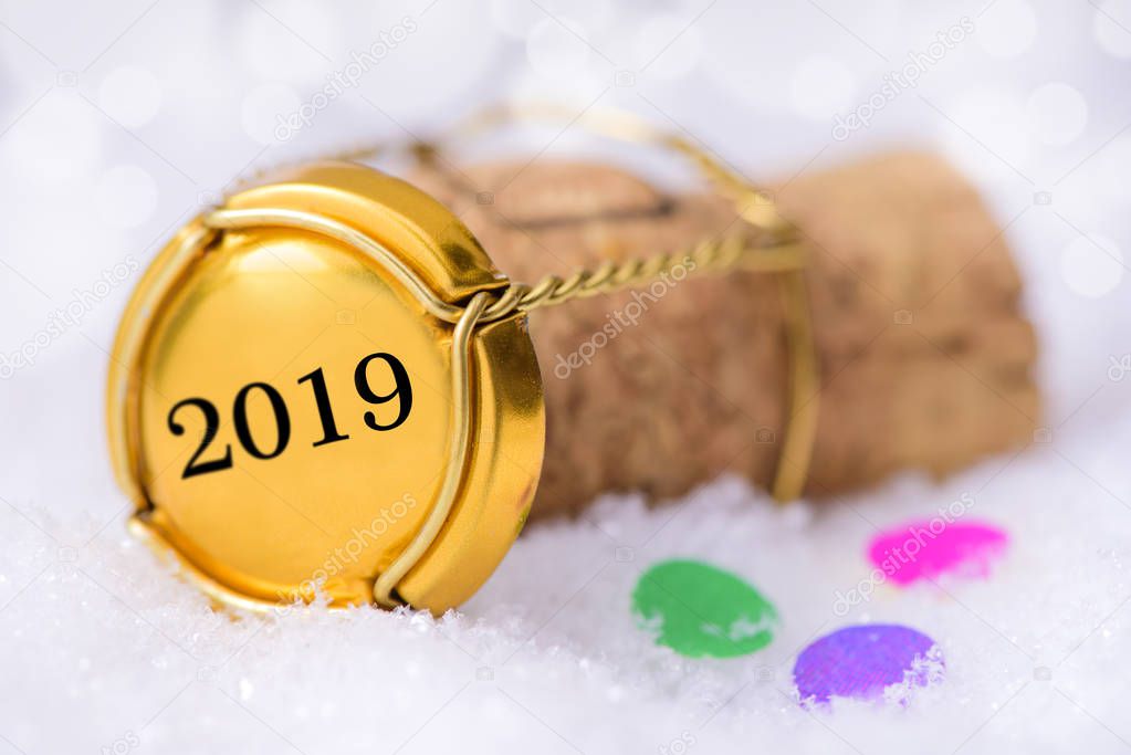  cork stopper of champagne with new year`s date 2019 and copy space