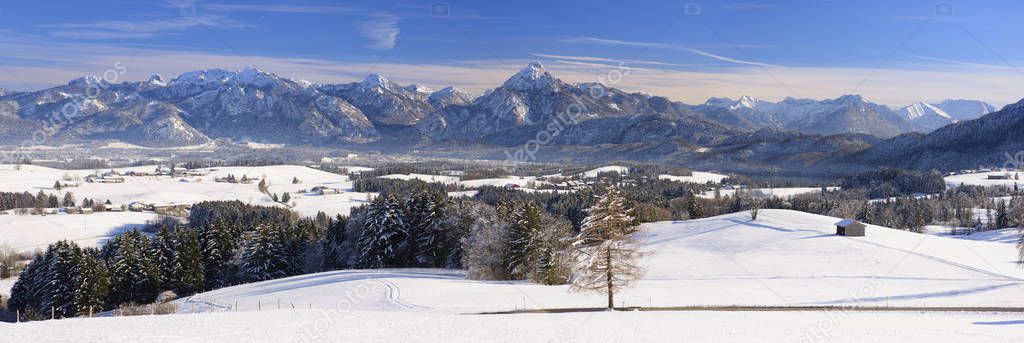  panoramic rural landscape in Bavaria at winter