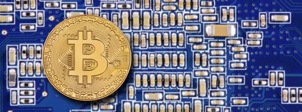 Κρυπτό Νόμισμα Bitcoin Τοποθέτηση Μητρική Πλακέτα Υπολογιστή — Φωτογραφία Αρχείου