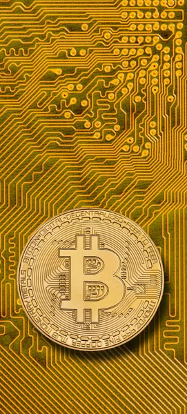 Κρυπτό Νόμισμα Bitcoin Τοποθέτηση Μητρική Πλακέτα Υπολογιστή — Φωτογραφία Αρχείου