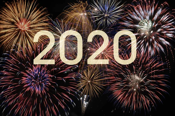 Happy new year 2020 with firework on sky — Stock Photo, Image