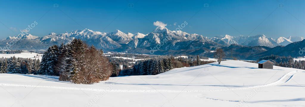 beautiful panoramic landscape in Bavaria at winter