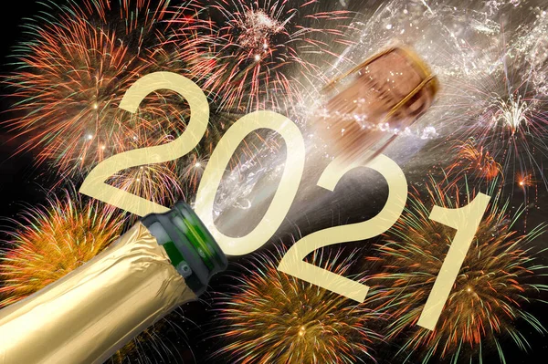 Popping Bottle Champagne Firework Silvester 2021 — Stock Photo, Image