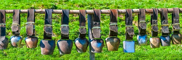 Many Cow Bells Hanging Row — Stock Photo, Image