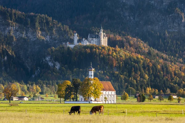 Zamek Neuschwanstein Kościół Pielgrzymkowy Kolumana Bawarii Niemcy — Zdjęcie stockowe