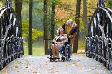 old couple in the park - woman sitting on a wheelchair and man standing behind clipart