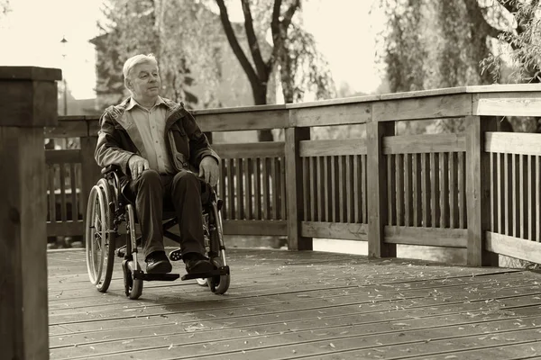 old handicapped man sitting on wheelchair in the park and looking somewhere, sepia tone