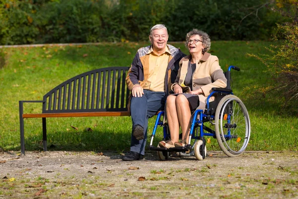 Old Couple Park Woman Sitting Wheelchair Man Bench — Stock Photo, Image