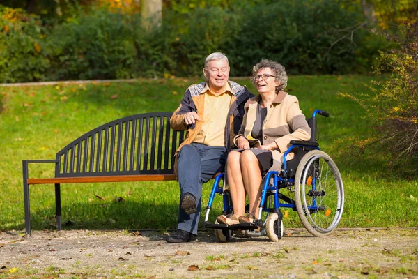 Old Couple Park Woman Sitting Wheelchair Man Bench — Stock Photo, Image