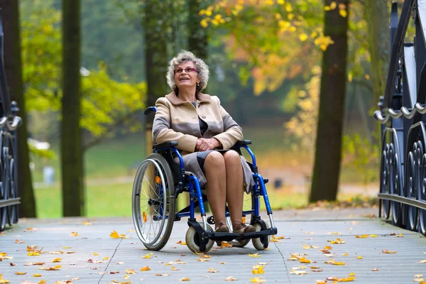 Χαμογελώντας Ηλικιωμένη Γυναίκα Που Κάθεται Αναπηρικό Καροτσάκι Στο Πάρκο — Φωτογραφία Αρχείου