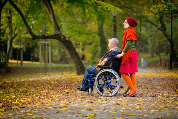 Tekerlekli Sandalye Sonbahar Parkta Mutlu Genç Kadın Ile Adam — Stok fotoğraf