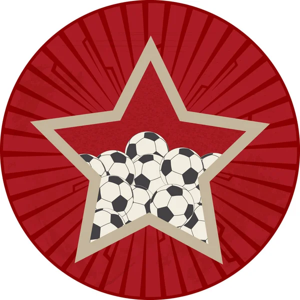 サッカー サッカー ボールでいっぱいの赤い星とビンテージの赤い円形の境界線 — ストックベクタ