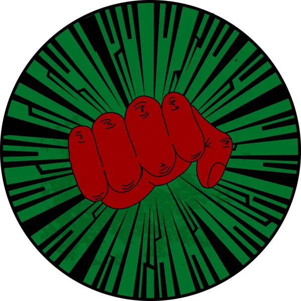 グランジ ビンテージ グリーン手描き赤い拳の前面に円形の境界線 — ストックベクタ
