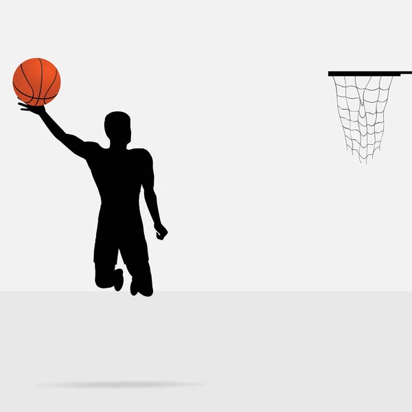 Silueta Jugador Baloncesto Saltando Para Puntuación Con Bola Detallada — Vector de stock