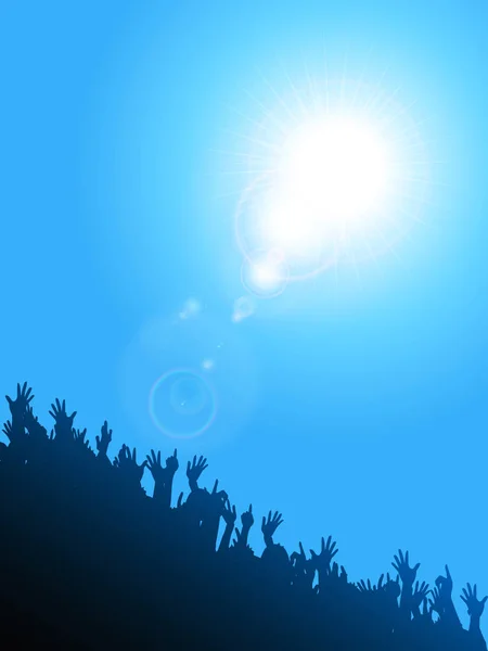 Silueta Multitud Animando Bajo Cielo Azul Soleado Con Llamaradas Lente — Vector de stock