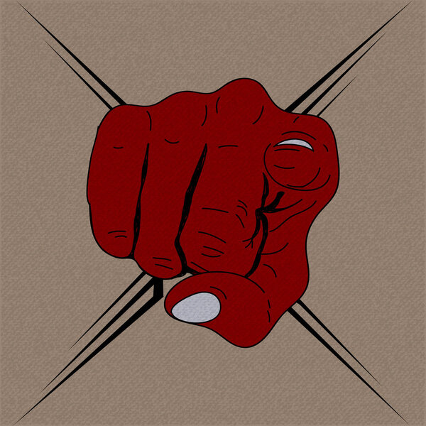 Red Hand drawing fist want you on brown background