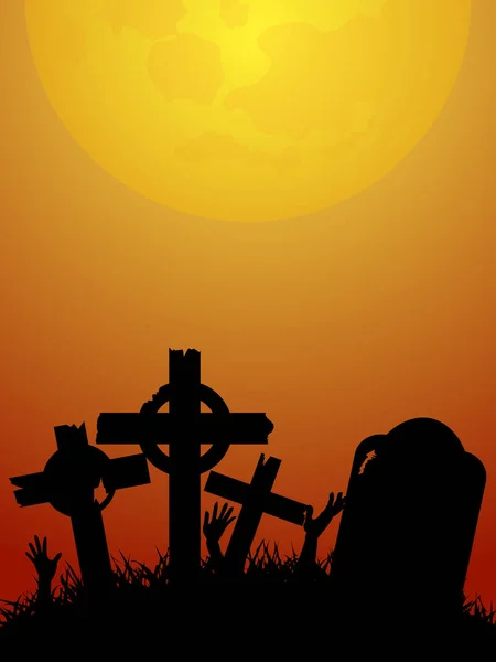 赤と黄色のハロウィーンの背景に墓石 月の下でゾンビの手のシルエット — ストックベクタ