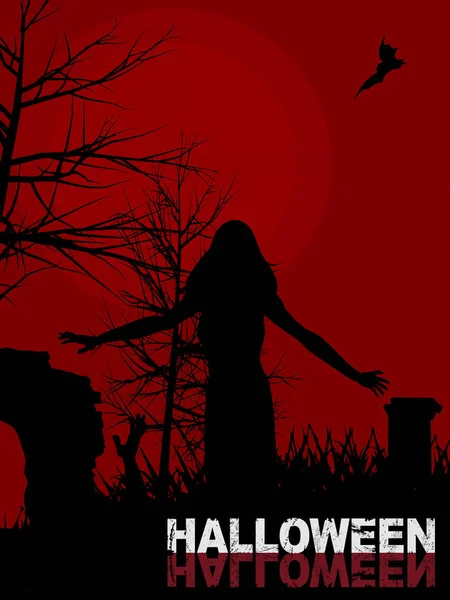 Fondo Rojo Oscuro Halloween Con Silueta Zombie Femenino Caminando Cementerio — Vector de stock