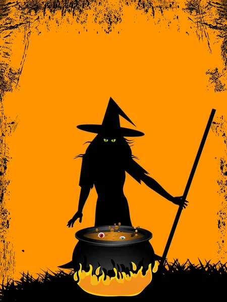 Halloween Korkunç Cadı Kazanı Sarı Grunge Arka Plan Üzerinde Yeşil — Stok Vektör