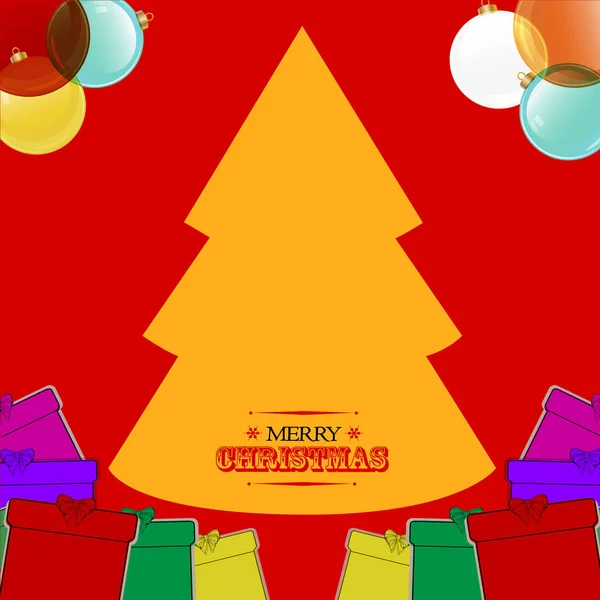 Χριστουγεννιάτικο Κόκκινο Φόντο Κίτρινο Δέντρο Κουτιά Δώρων Στολίδια Και Διακοσμητικά — Διανυσματικό Αρχείο