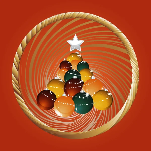 お祝いの赤の背景に金色の円形のツイスト境界線上の星とつまらないので作ったクリスマス ツリー — ストックベクタ