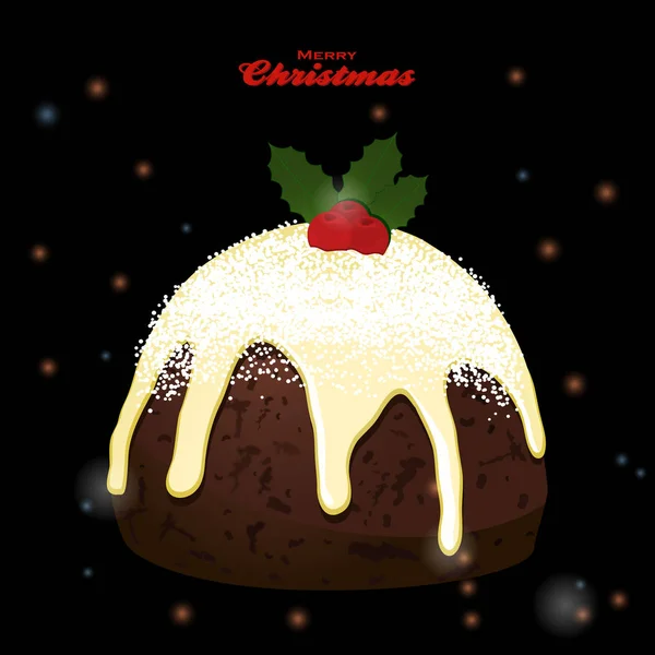 Christmas Pudding Met Kersen Holly Leafs Zwarte Feestelijke Gloeiende Achtergrond — Stockvector