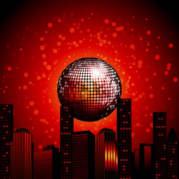 Abstract City Landscape Red Disco Ball Red Background — Stock Vector