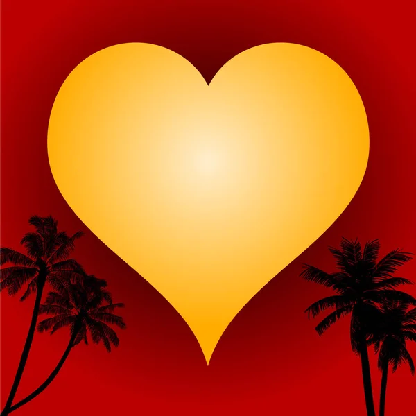 Cuore Amore Giallo San Valentino Sfondo Rosso Con Silhouette Palme — Vettoriale Stock