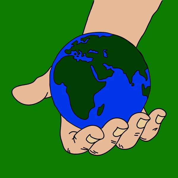 Hand Drawn Hand Holding Blue Green Planet Earth Green Background — Stock Vector