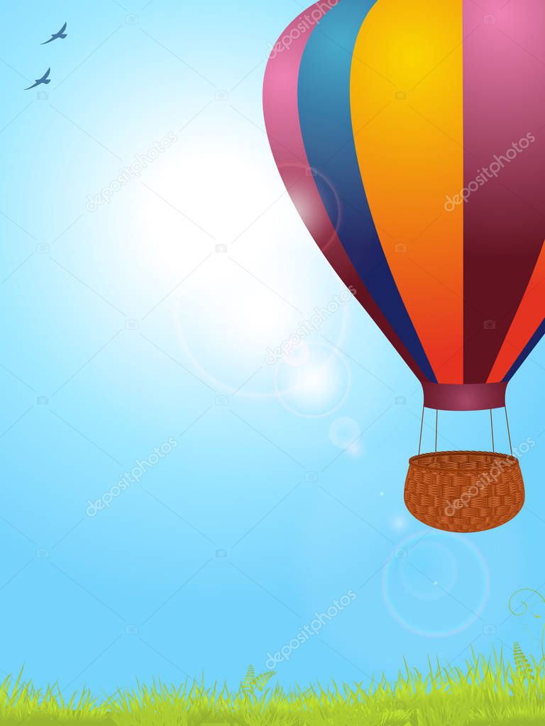 Spring Blue Sky Background with Air Balloon Sunshine Birds and Grass