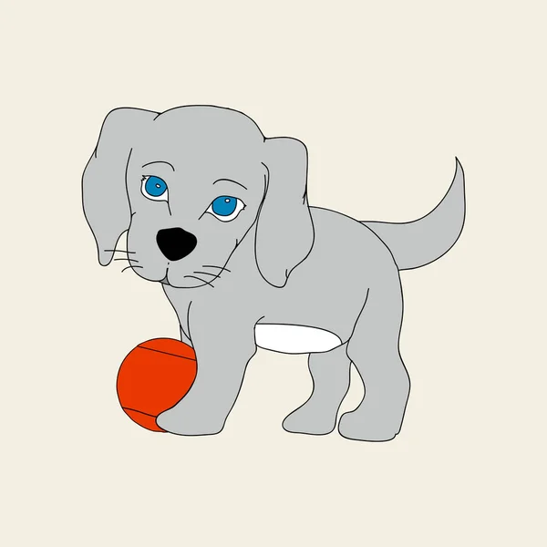 青い目と赤いボール背景手描きのかわいい子犬犬 — ストックベクタ