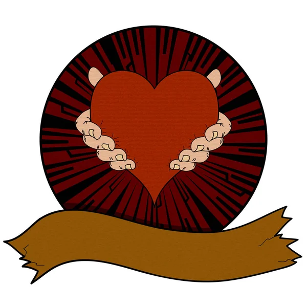 Рука Нарисована Пара Рук Держа Красное Сердце Над Винтажной Текстурой — стоковый вектор