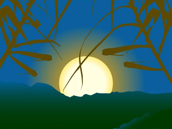 夕日や日の出の穏やかなシーンの植物と大きな太陽に山の背景をクローズ アップ — ストックベクタ