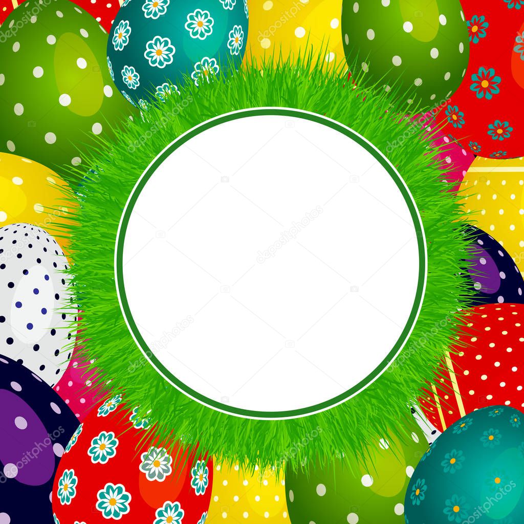 Easter grass circular border on decorated eggs