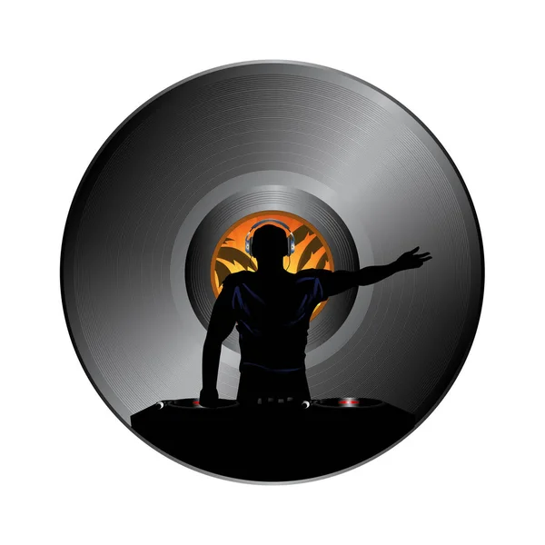 Silueta DJ sobre borde de disco de vinilo — Vector de stock