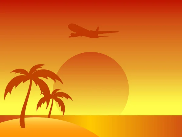 Isla de verano abstracta con palmeras y avión — Vector de stock