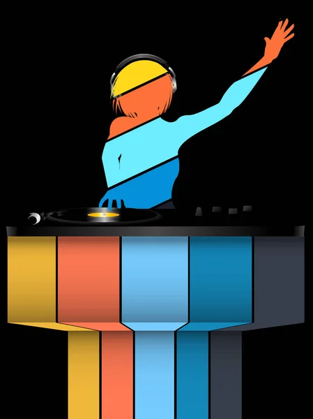 Female striped DJ silhouette and record decks on black and strip — Stock Vector