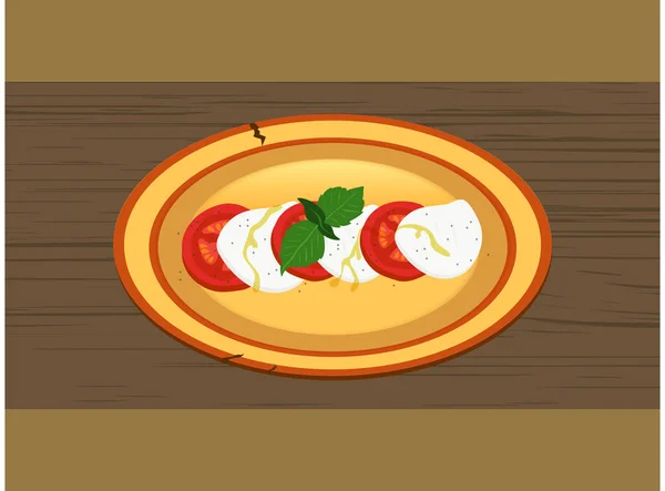 Ручной Рисунок Сельский Блюдо Салатом Caprese Ломтиков Помидоров Сыра Mozzarella — стоковый вектор