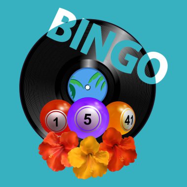 Üç boyutlu Bingo Baloları Üçlüsü 'nün Turkuaz Turkuaz Mavi Arkaplan Plaklar Diski Hibiscus Çiçekleri ve Bingo Dekoratif Metni