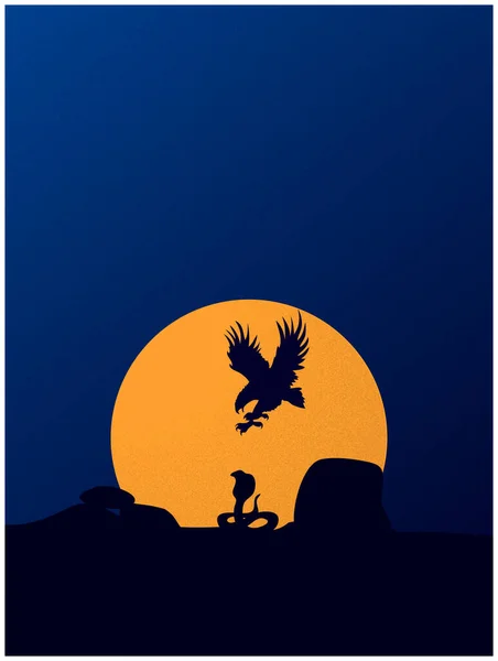 Silhouette Sombre Aigle Chassant Serpent Sur Fond Ciel Bleu Foncé Graphismes Vectoriels