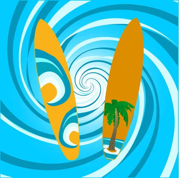 Decorated Surfboard Ocean Waves Tropical Palm Tree Blue White Abstract — Stock Vector