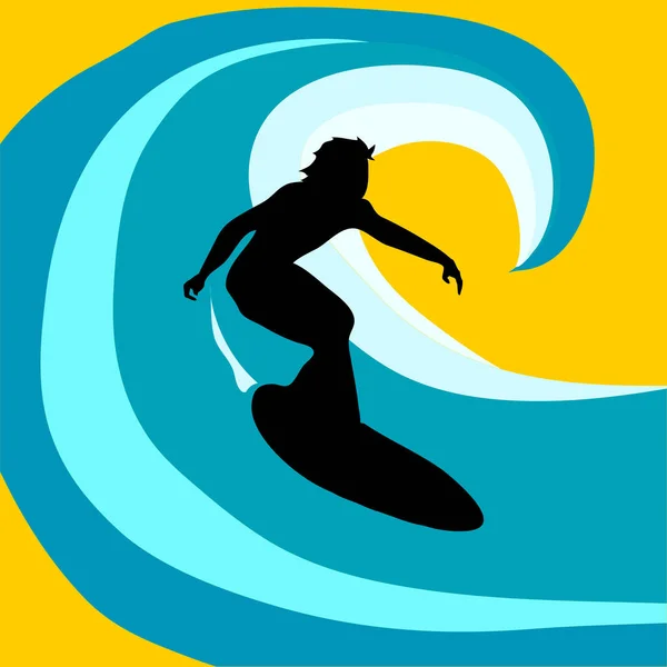 Handgetekende Surfer Zwart Silhouet Surfen Een Abstracte Blauwe Witte Oceaan Rechtenvrije Stockillustraties