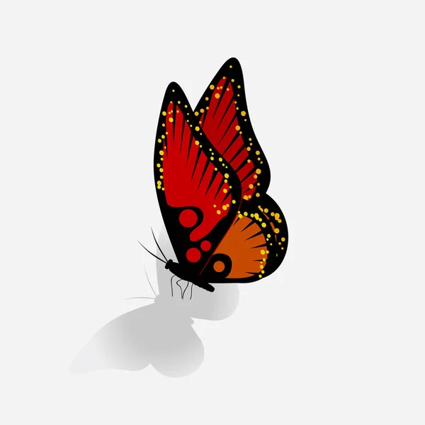 黄色のドットと白の背景に影と赤と黒の蝶のクリップアートイラスト — ストックベクタ