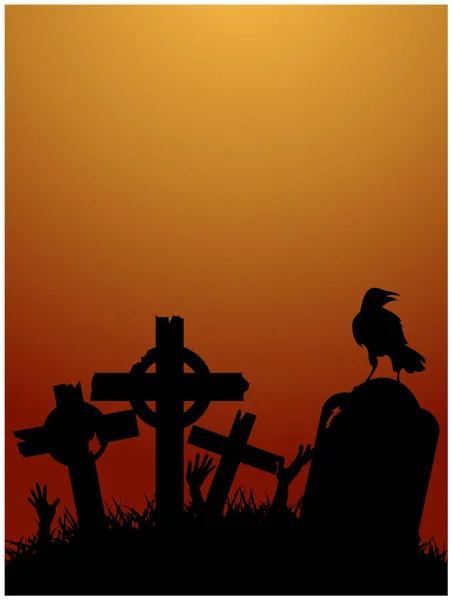 墓地墓ゾンビの手とクロウブラックシルエットと不気味なハロウィン赤と黄色の背景 — ストックベクタ